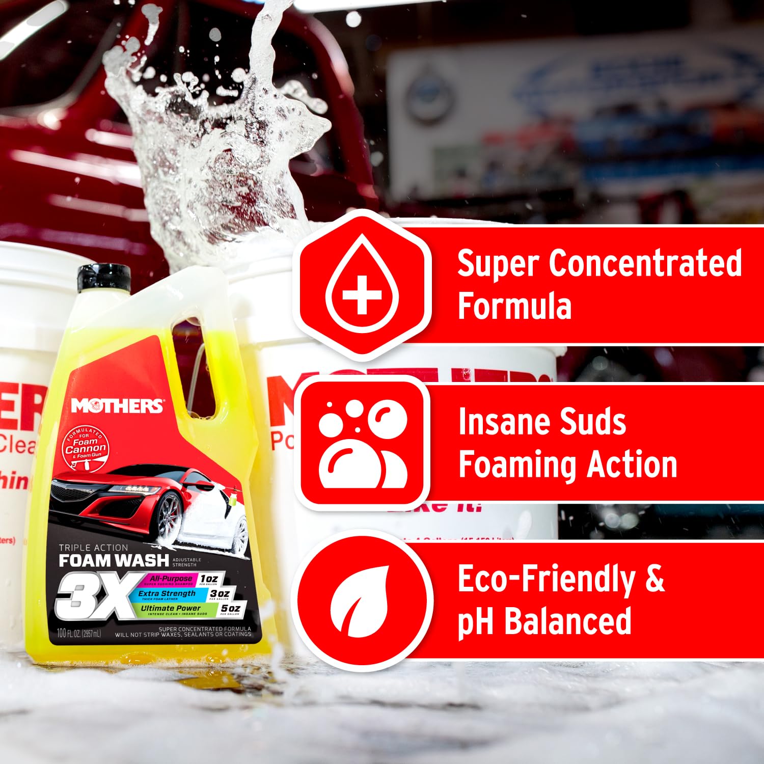 Mothers Triple Action Foam Wash foam cannon application shows heavy suds and safe contact.