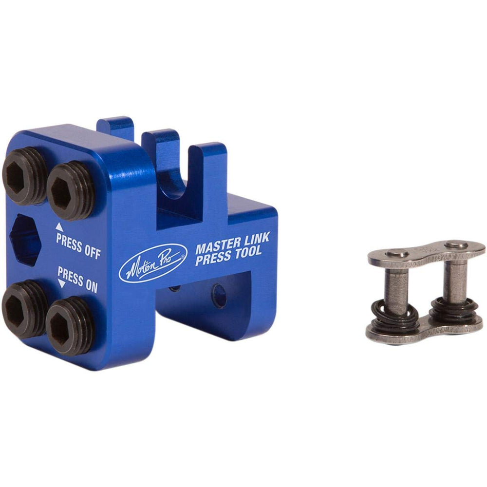 Motion Pro Master Link Press Tool closeup showing hardened pins for durable chain maintenance