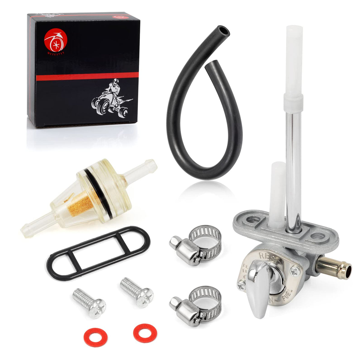 Moto1988 fuel petcock kit packaging shows complete parts for Yamaha bikes, supporting reliable fuel delivery.
