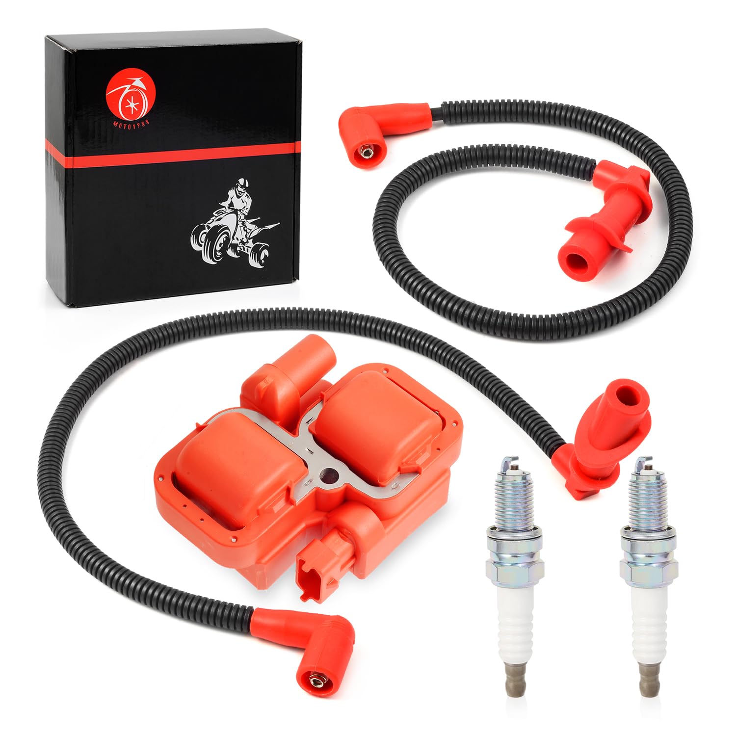MOTO1988 packaging includes coil, caps, and plugs for easy replacement