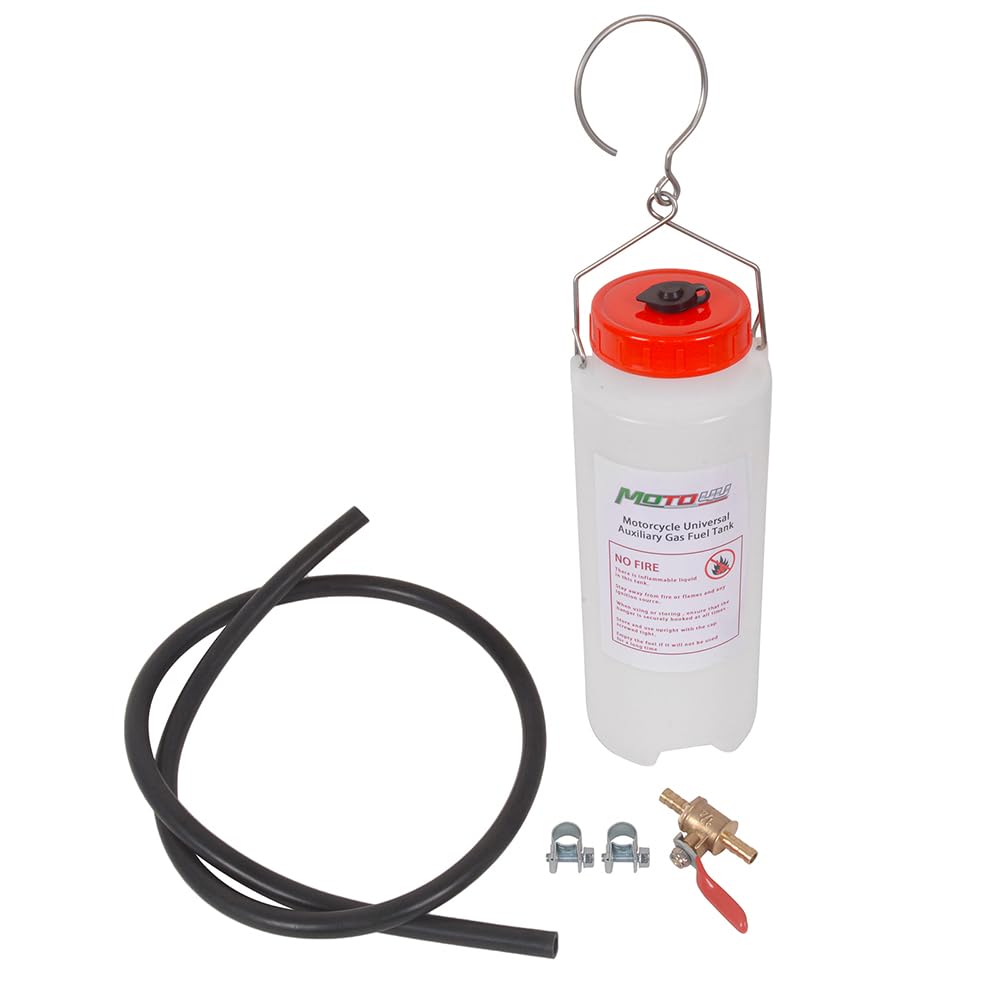 MOTO4U auxiliary fuel tank overview for versatile motorcycle servicing and fuel transfer.