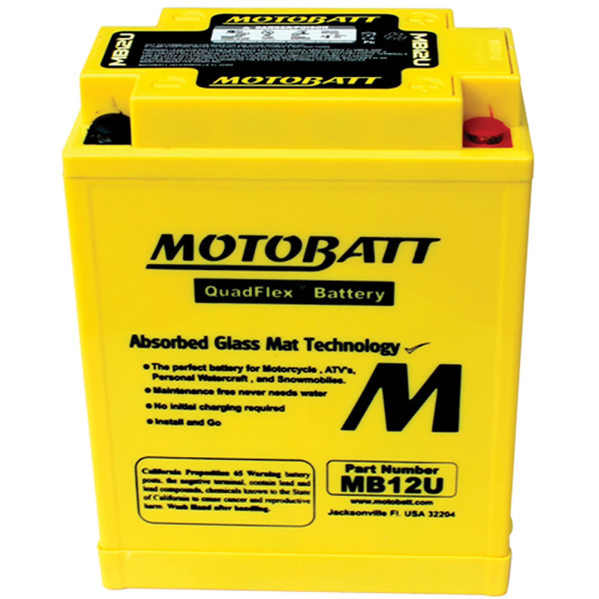 MotoBatt MB12U AGM battery compact profile highlighting factory activation.