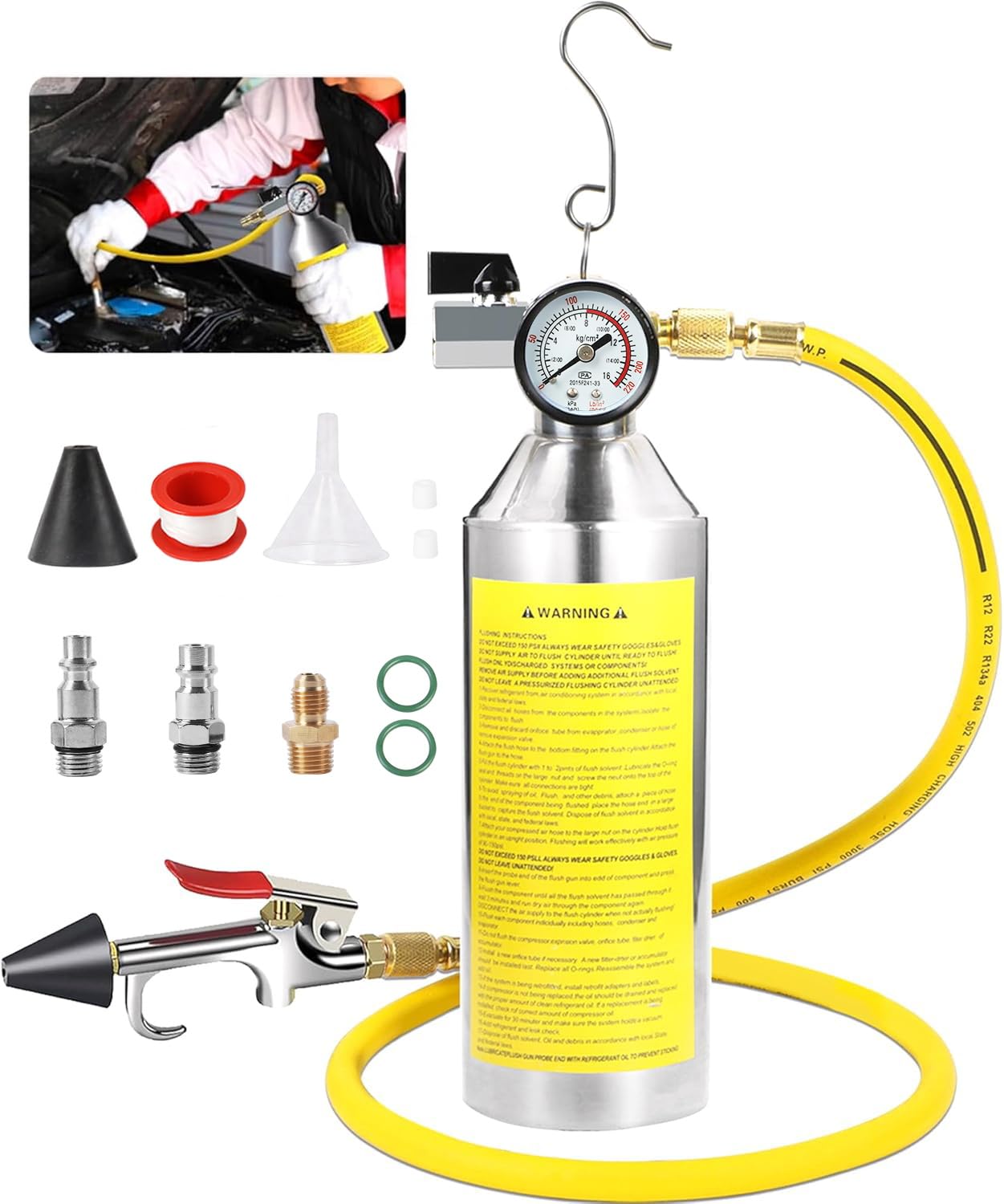 MOTOCOCHE AC flush kit gauge shows real-time pressure for safe maintenance.