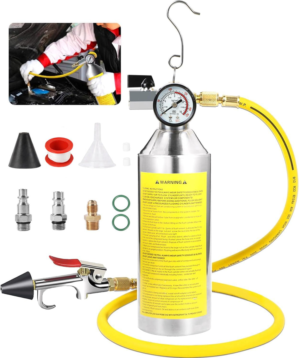 MOTOCOCHE AC flush kit gauge shows real-time pressure for safe maintenance.