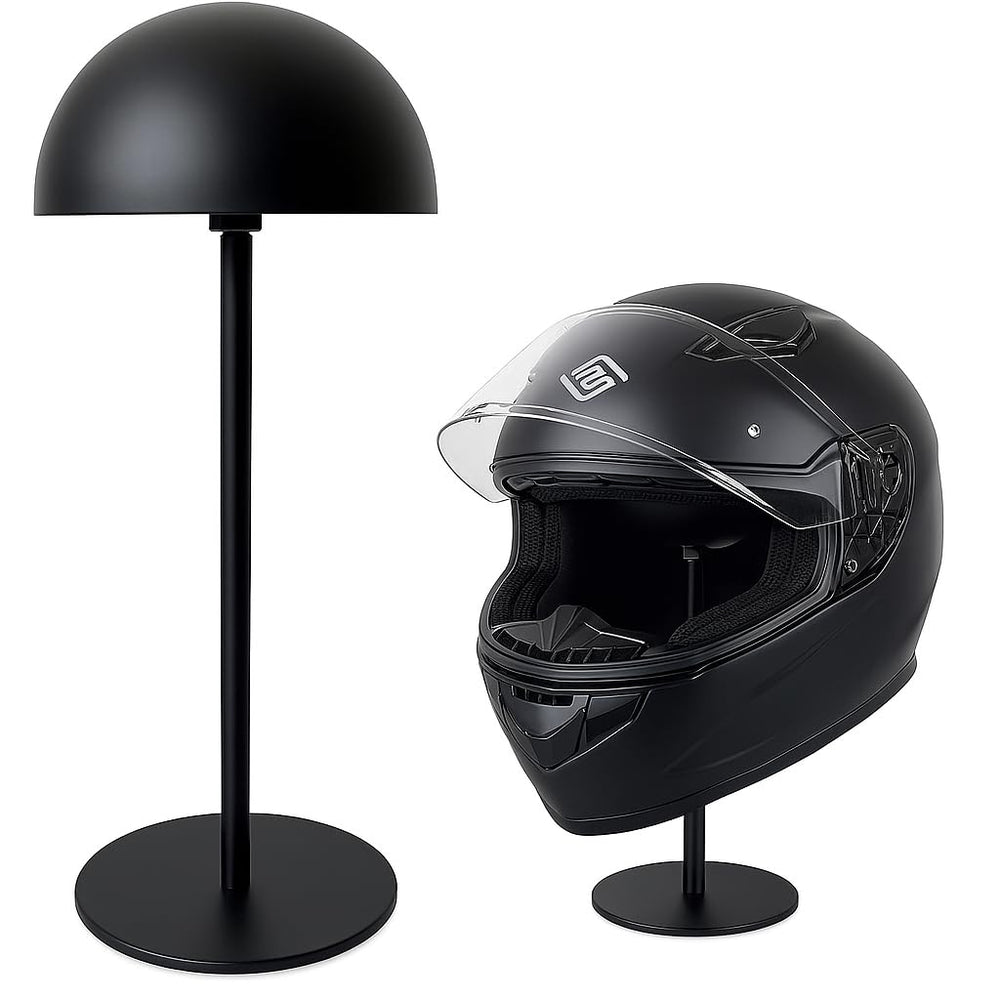 Motofans helmet stand metal rotation shows sturdy steel design for organized helmet storage