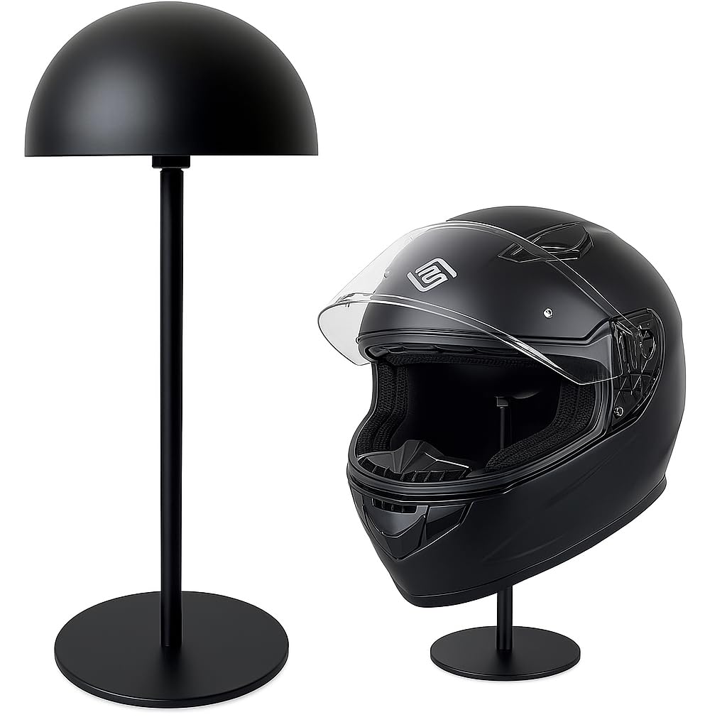 Motofans helmet stand metal rotation shows sturdy steel design for organized helmet storage