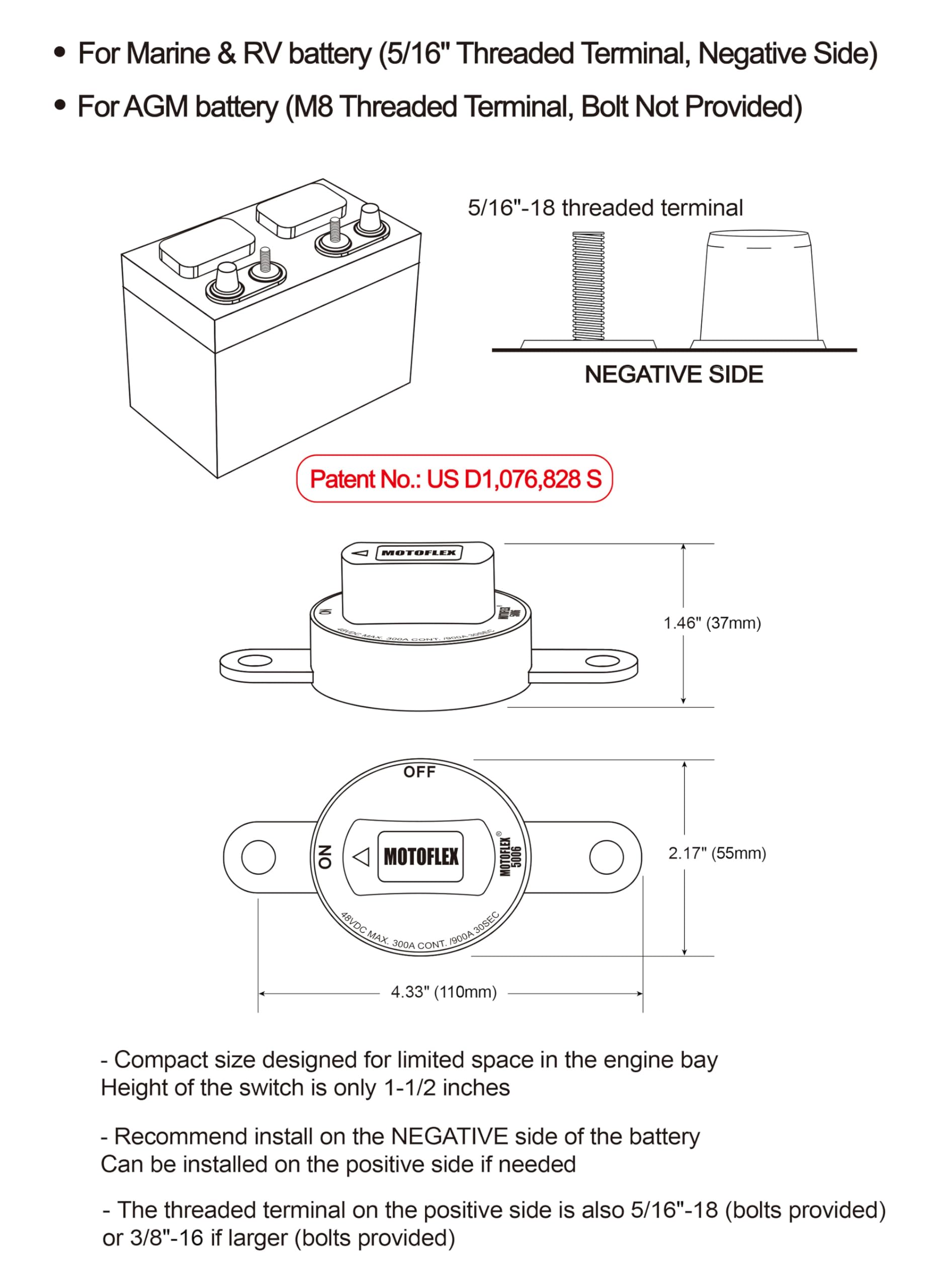 MOTOFLEX compact one-and-a-half-inch switch fits tight engine bays.