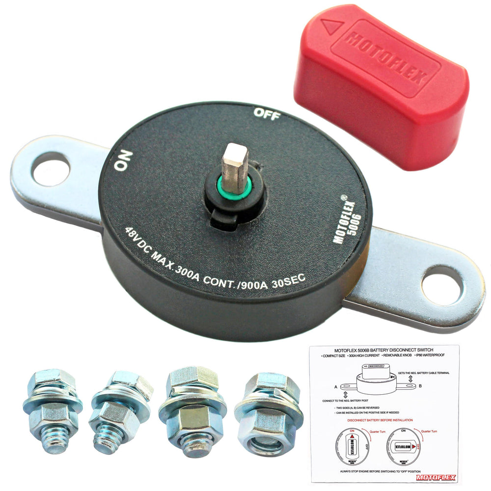 MOTOFLEX ON/OFF battery switch installed on a GM side-post battery for easy power control.