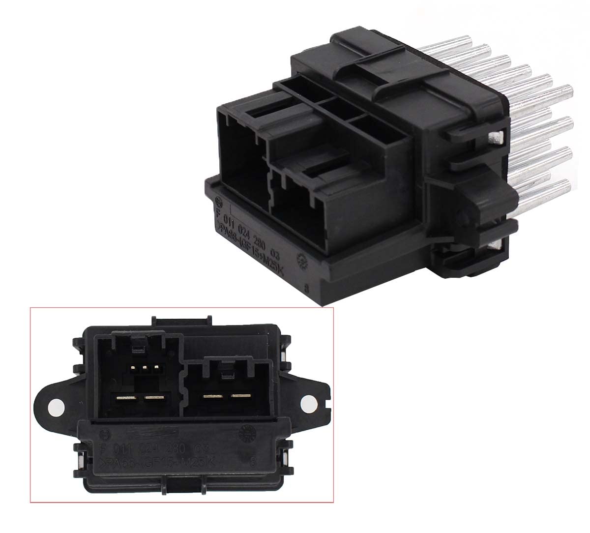 Motoku blower resistor close-up highlights black-silver build for durable replacement.