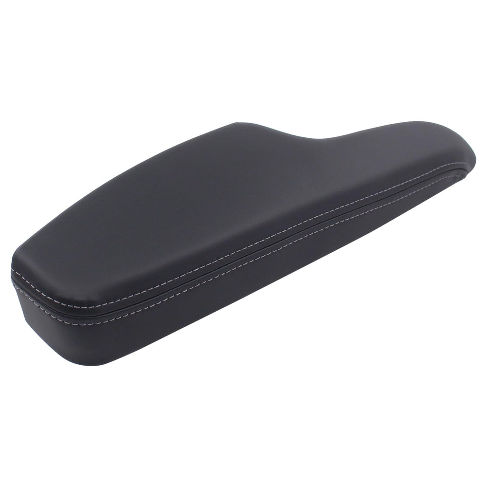 MOTOKU front driver door panel armrest close-up in black leather with improved grip and aesthetics.