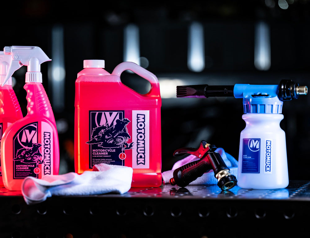 Motomuck bike cleaner on painted surface restores shine.