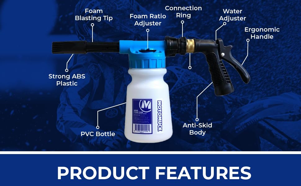 Motomuck Hose Foam Gun nozzle closeup highlights adjustable spray options for versatile cleaning
