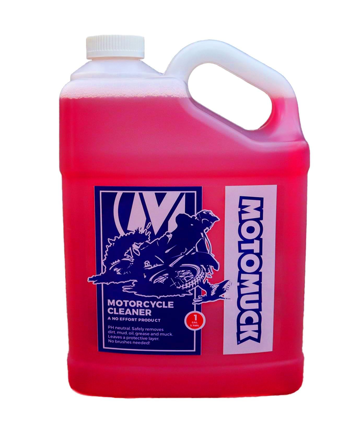 Motomuck PH Neutral bottle pour removes motorcycle grime safely.