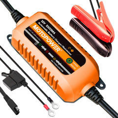 MotoPower 12V 1000mA charger front view showing compact design for easy storage.