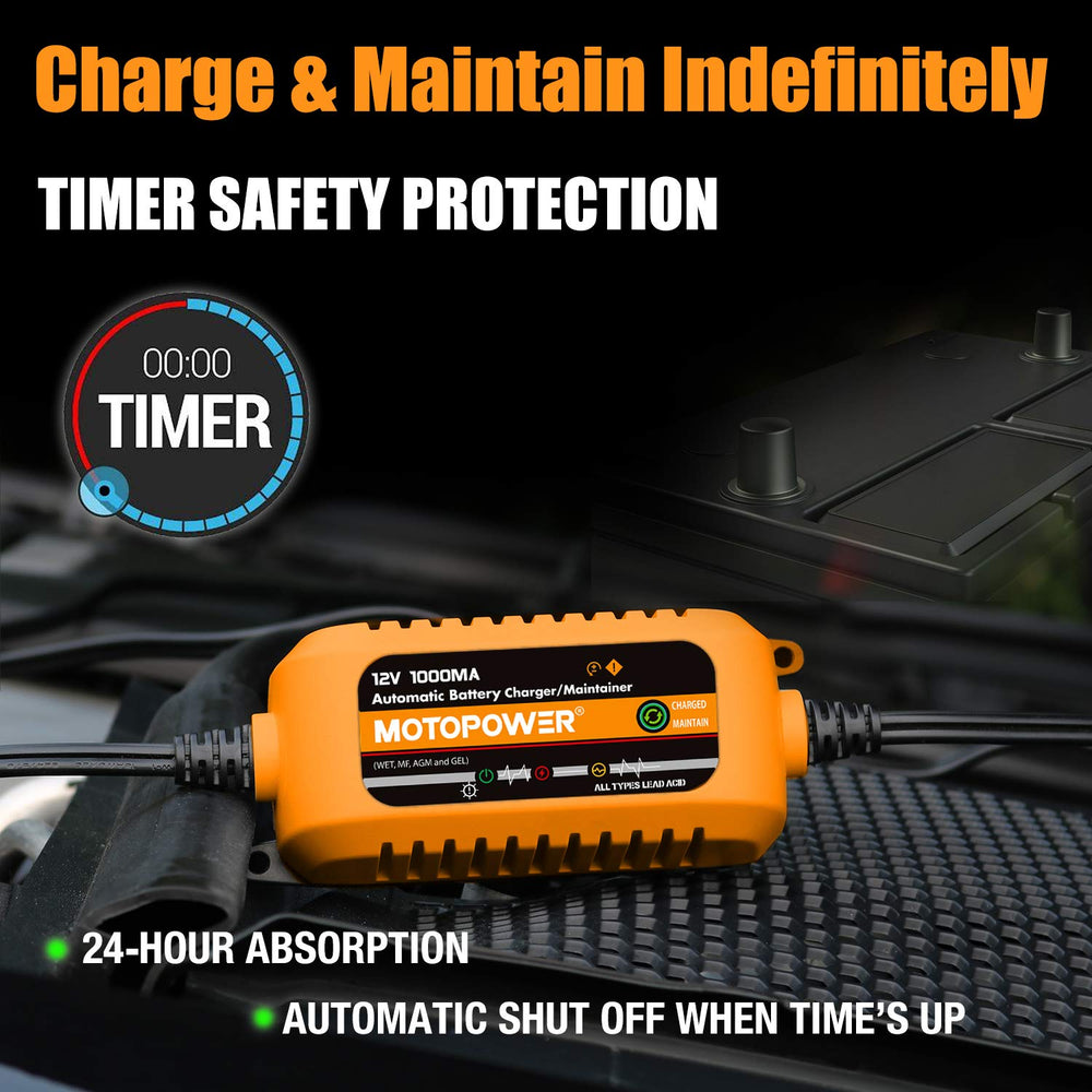 MotoPower battery maintenance setup illustrating maintenance mode for 12V lead-acid batteries.