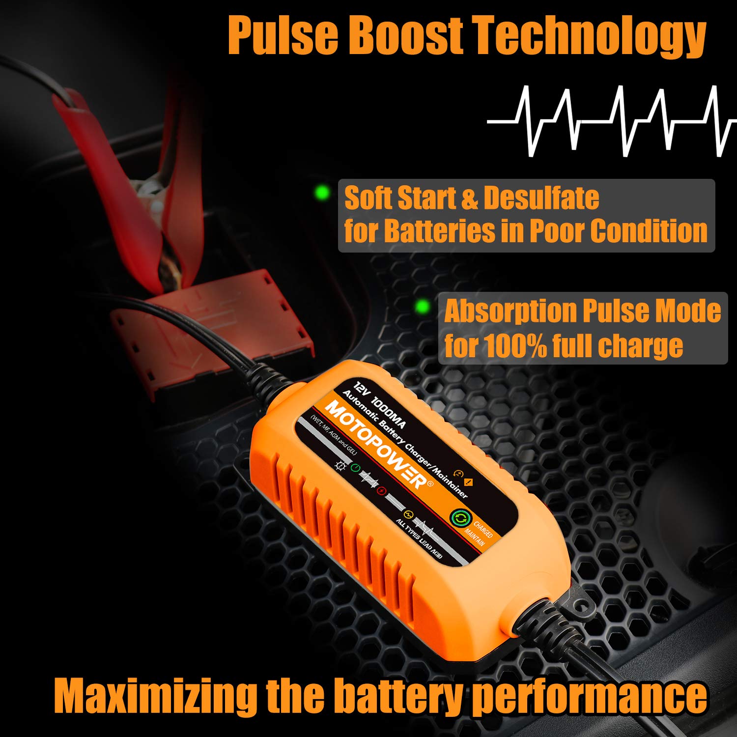 MotoPower charger LED indicators display charging status and energy efficiency.