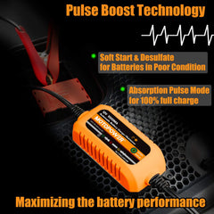 MotoPower charger LED indicators display charging status and energy efficiency.