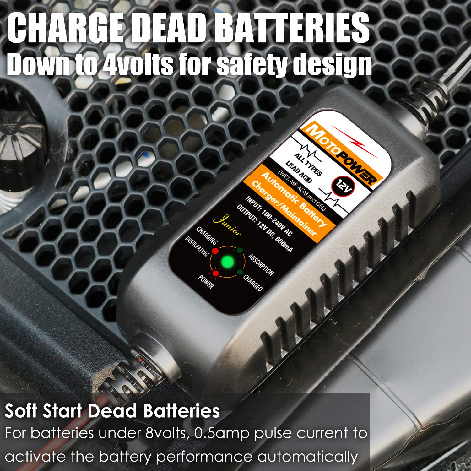 MOTOPOWER MP00205A battery connected setup showing safe charging