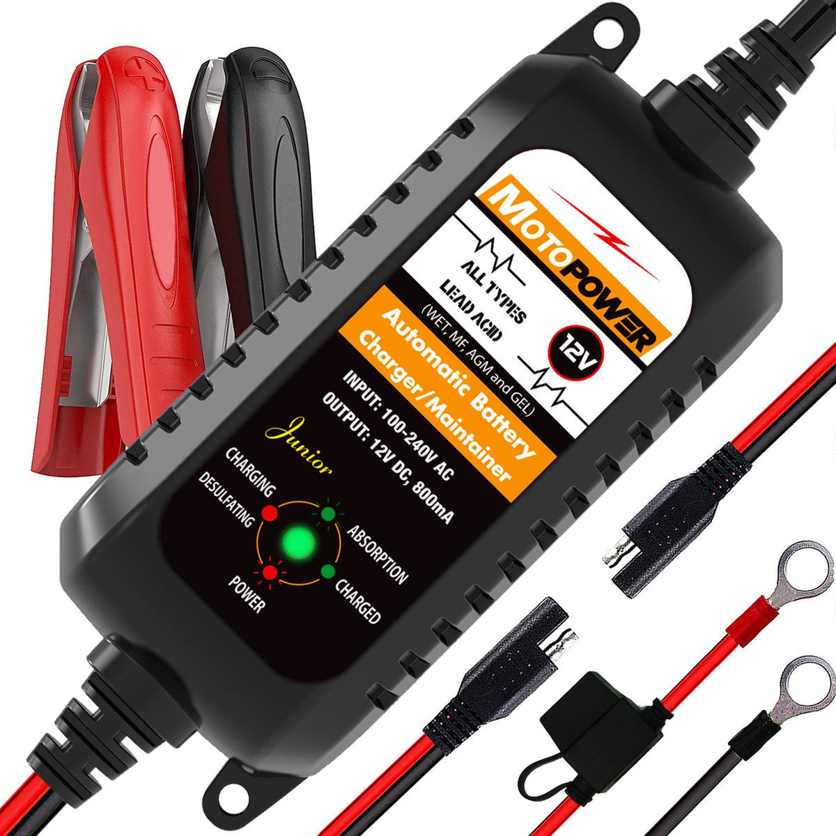 MOTOPOWER MP00205A front view of a compact 12V battery charger for everyday use