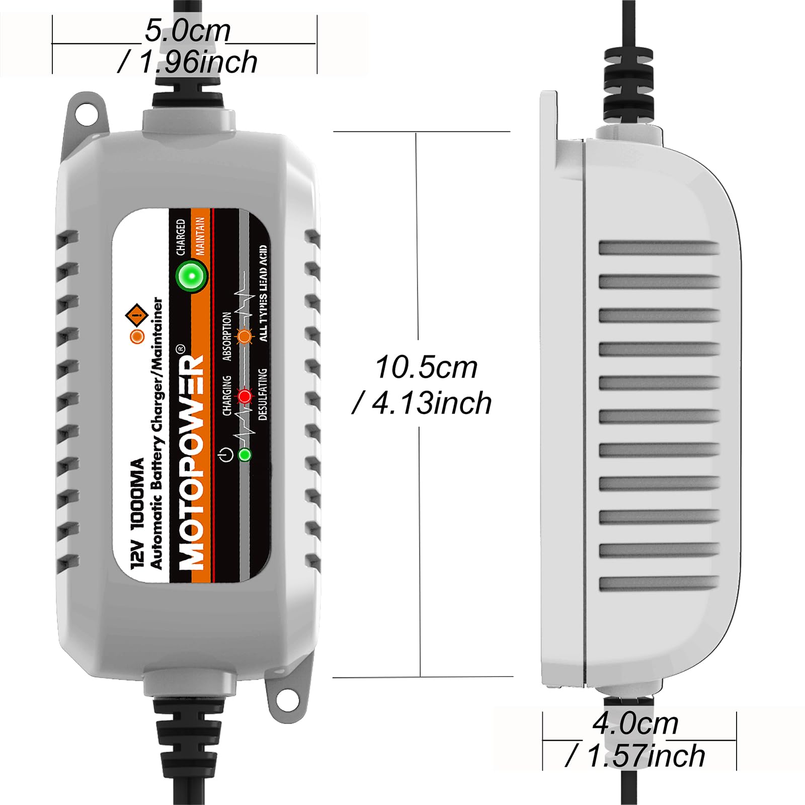 MOTOPOWER MP00205B 12V charger compact and robust for storage.