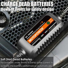 MOTOPOWER MP00205B clear LED indicators show charging status.