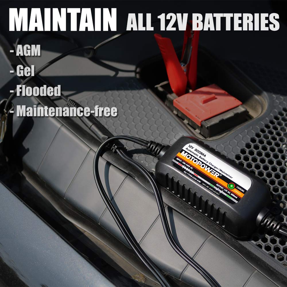MOTOPOWER MP00205C connection ports showing plug-and-play battery maintenance usability.