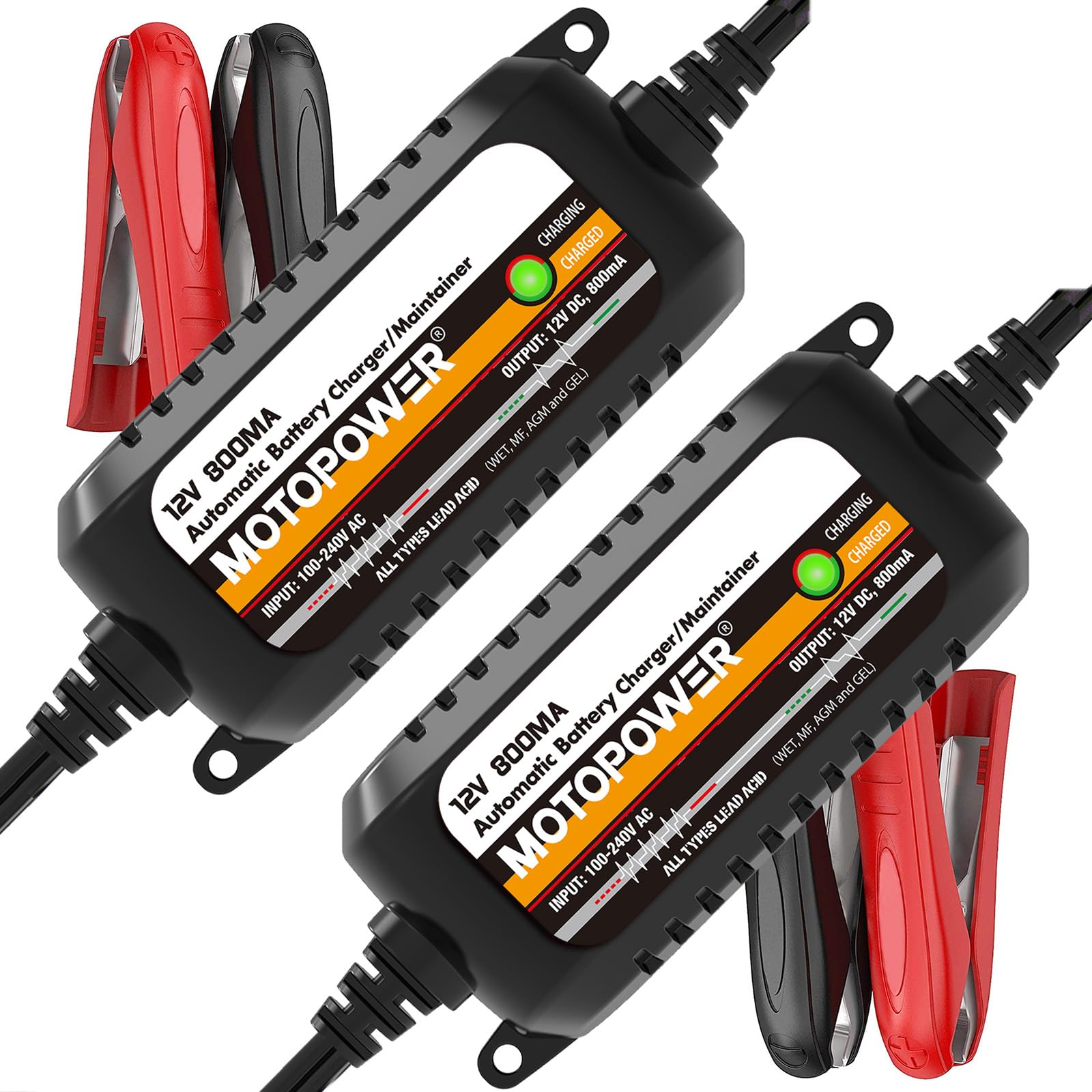 MOTOPOWER MP00205C front view, compact 12V charger for easy storage.