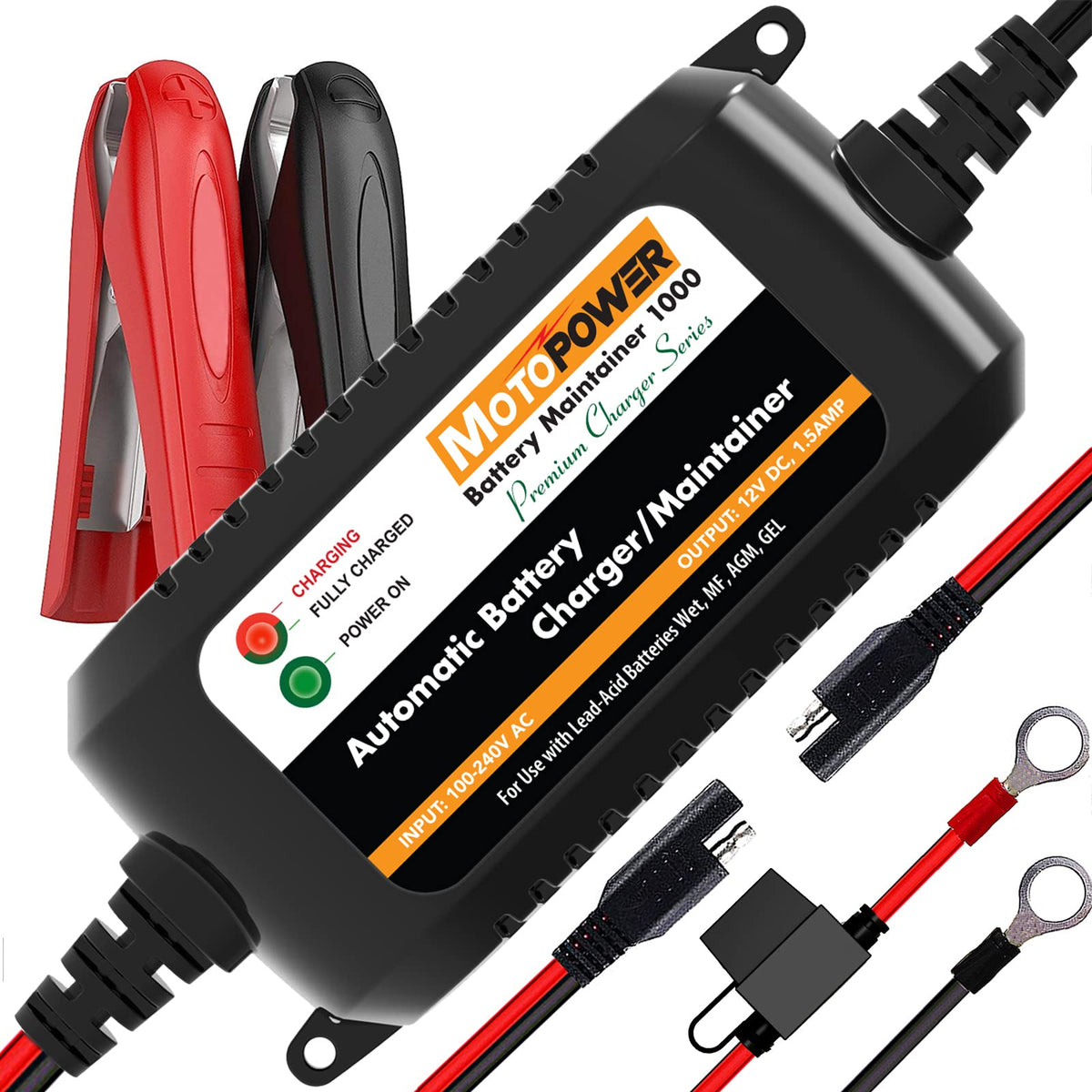 MOTOPOWER MP00206A charger front view, compact and durable for vehicles.