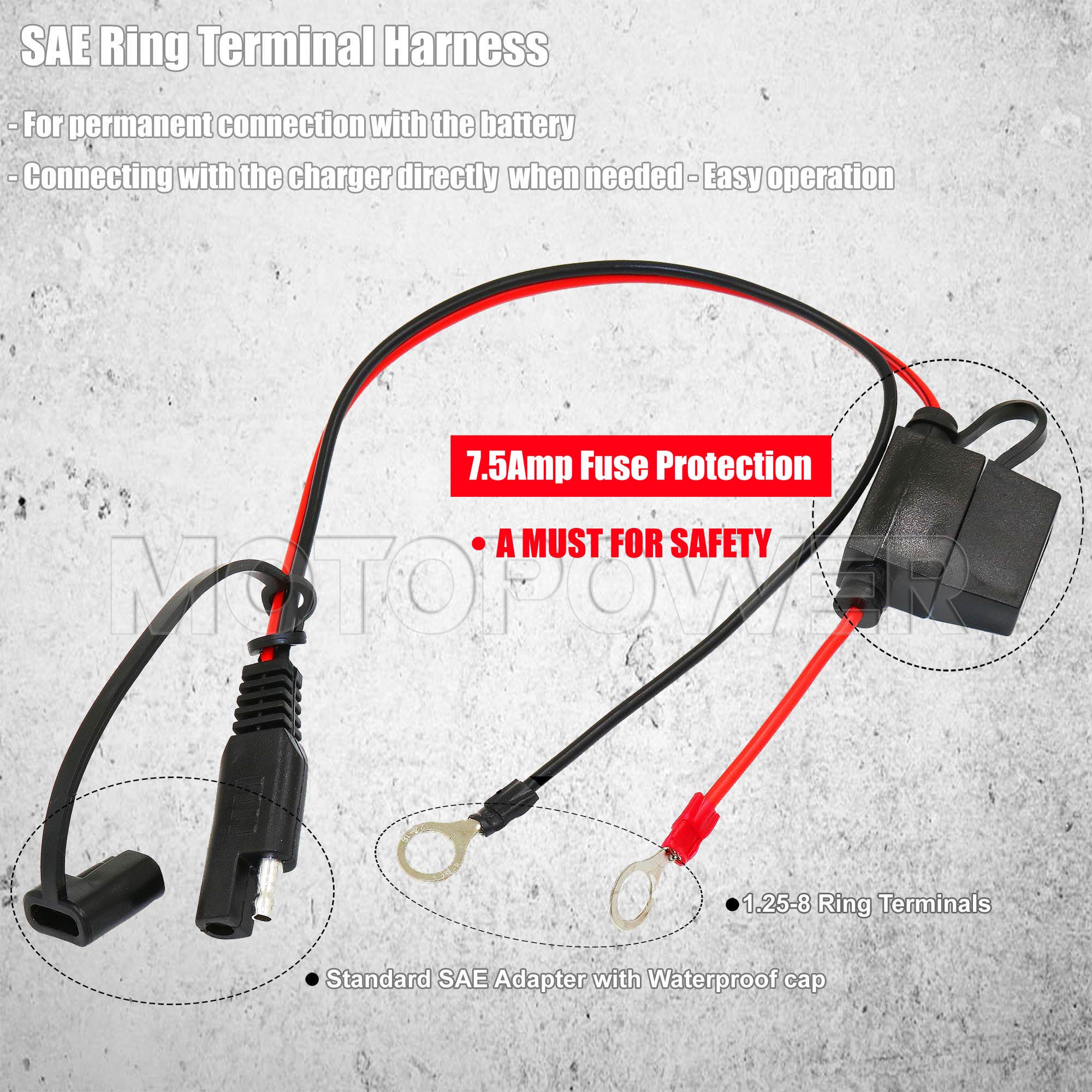 MOTOPOWER MP00206A safety protections guard against overcharge and short circuits.