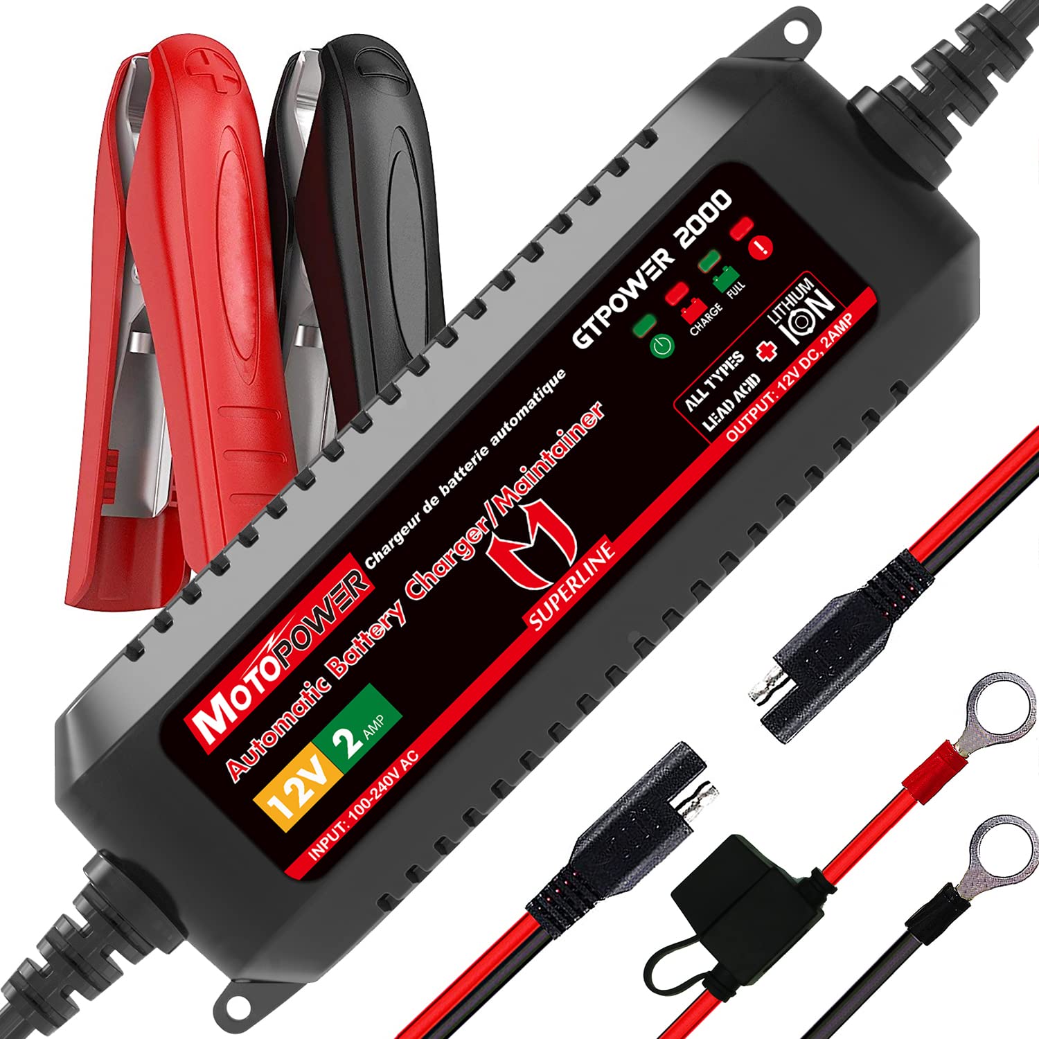 MOTOPOWER MP00207A front view charger showing compact design for easy storage and quick setup