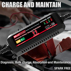 MOTOPOWER MP00207A LED indicators show charging status and safety checks at a glance