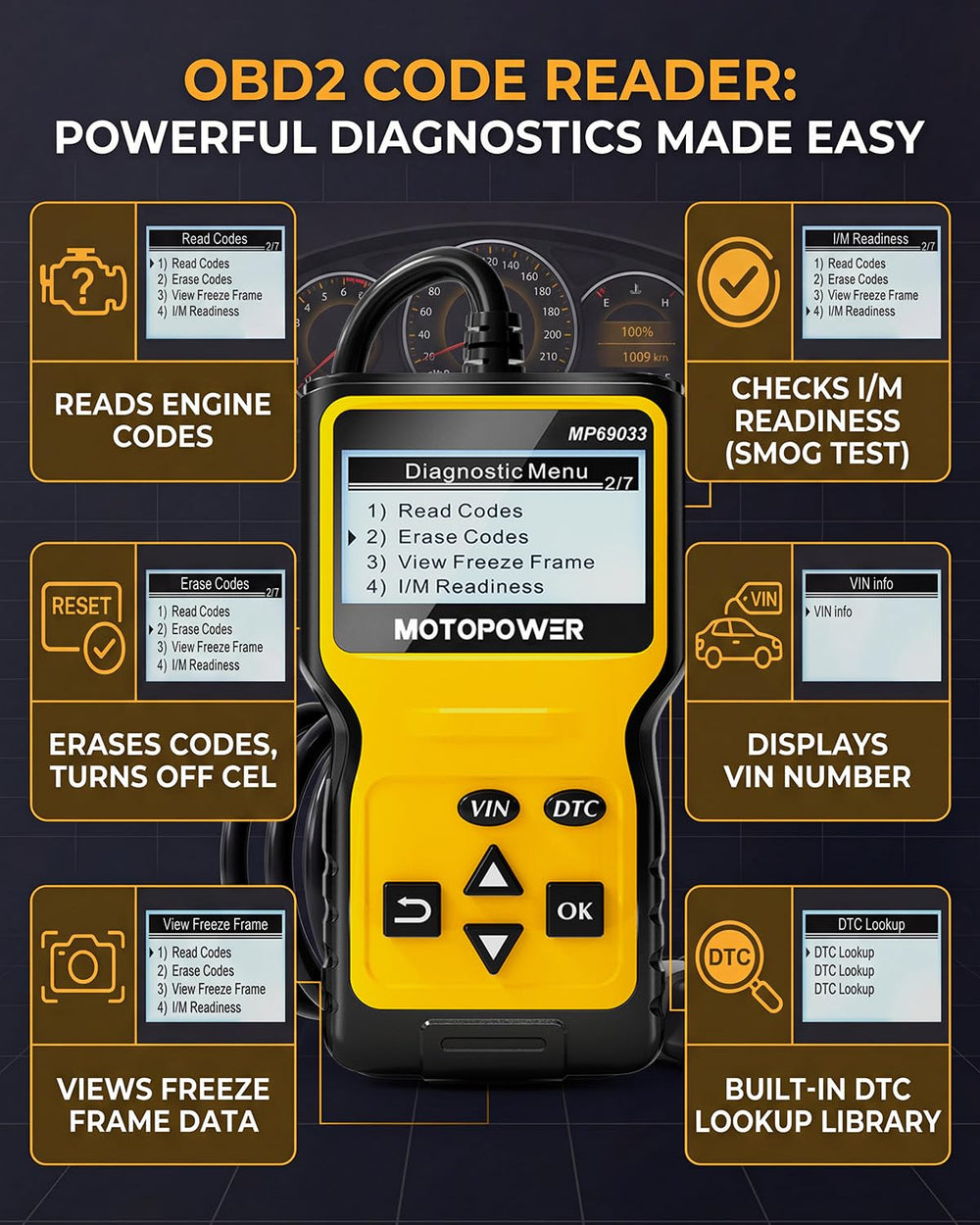 MOTOPOWER MP69033 DTC read/erase function actively checks and clears engine codes.