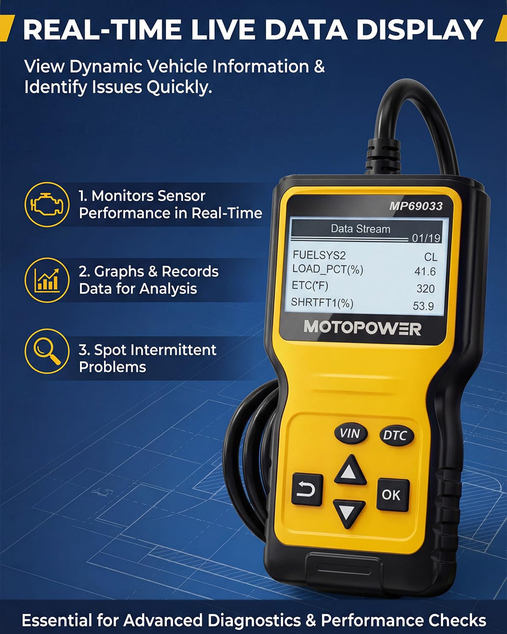 MOTOPOWER MP69033 live data graph visualizes real-time engine information.