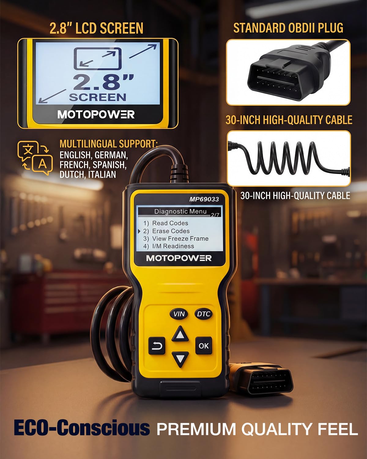 MOTOPOWER MP69033 vehicle information panel displays key car details.