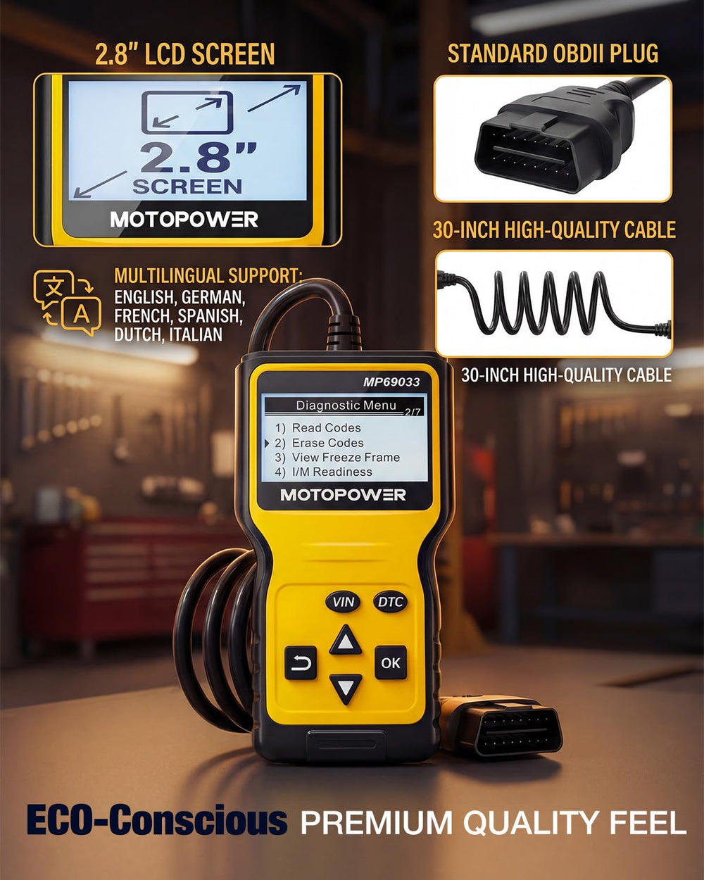 MOTOPOWER MP69033 vehicle information panel displays key car details.