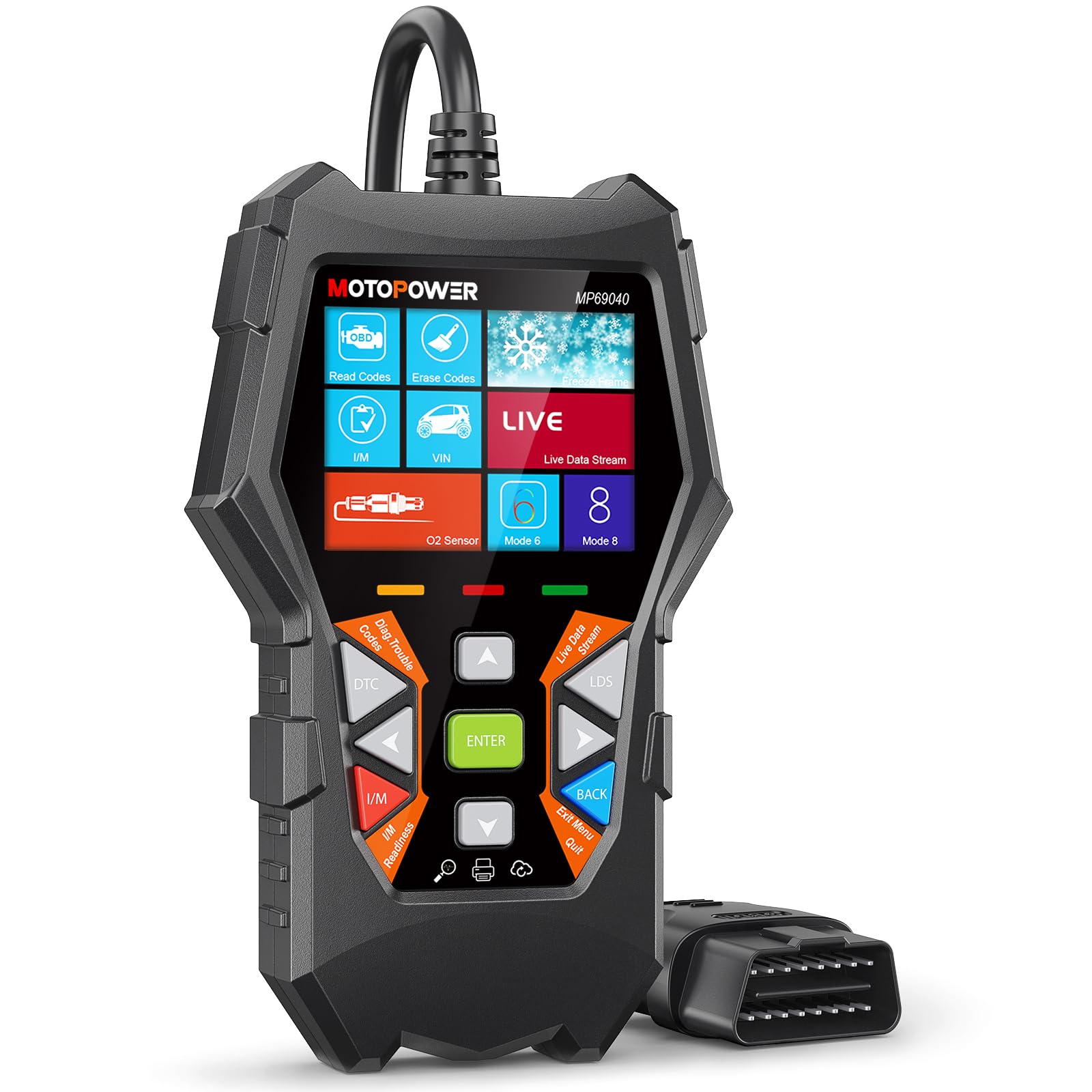 MOTOPOWER MP69040 OBD2 scanner front view for car diagnostics and ease of use