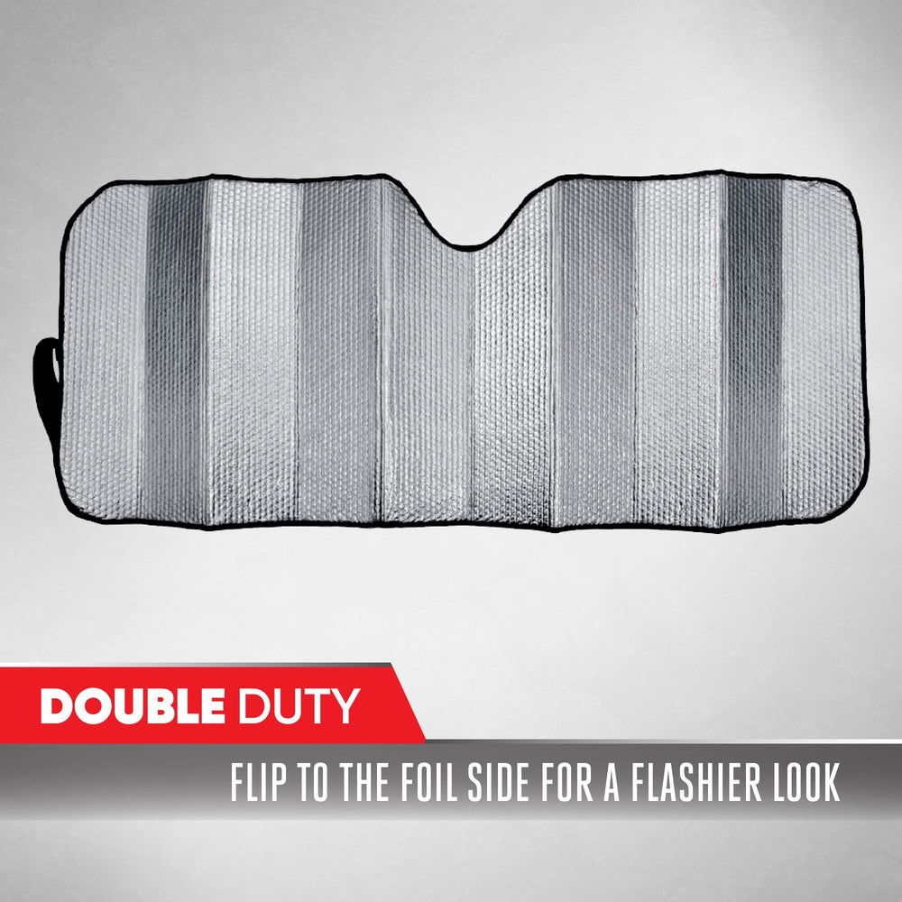 Motor Trend windshield sun shade packaging shows quick setup