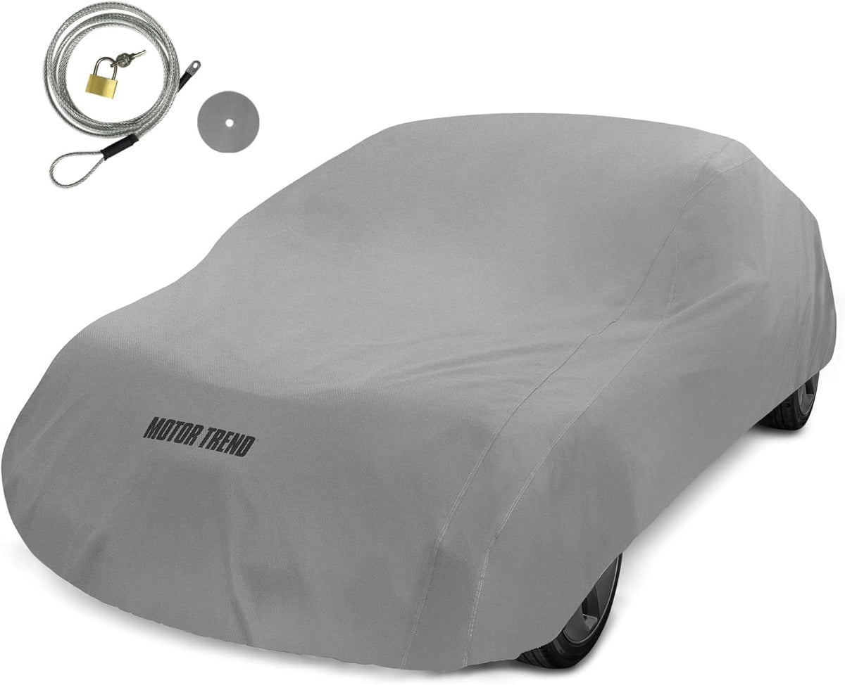 Motor Trend breathable car cover on exterior protects from rain and UV exposure