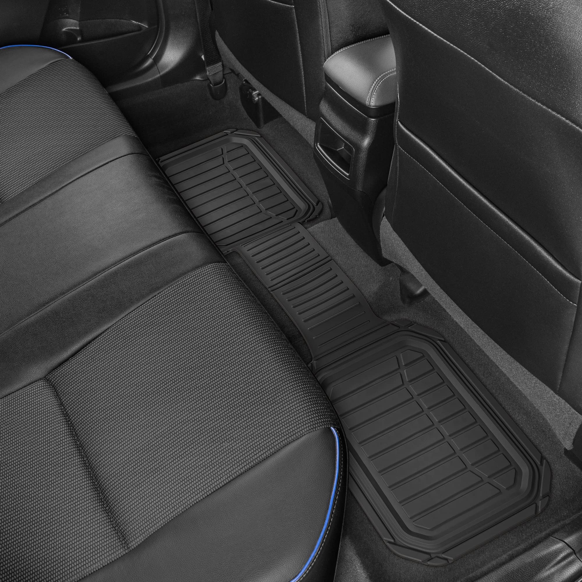Visual guide showing trim-to-fit capability for Motor Trend Defender mats.
