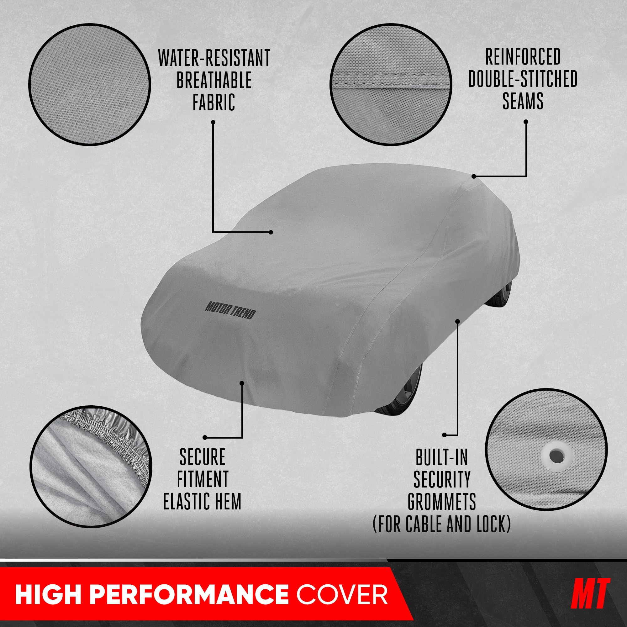 Motor Trend elastic hem and straps secure a firm, wind-resistant fit
