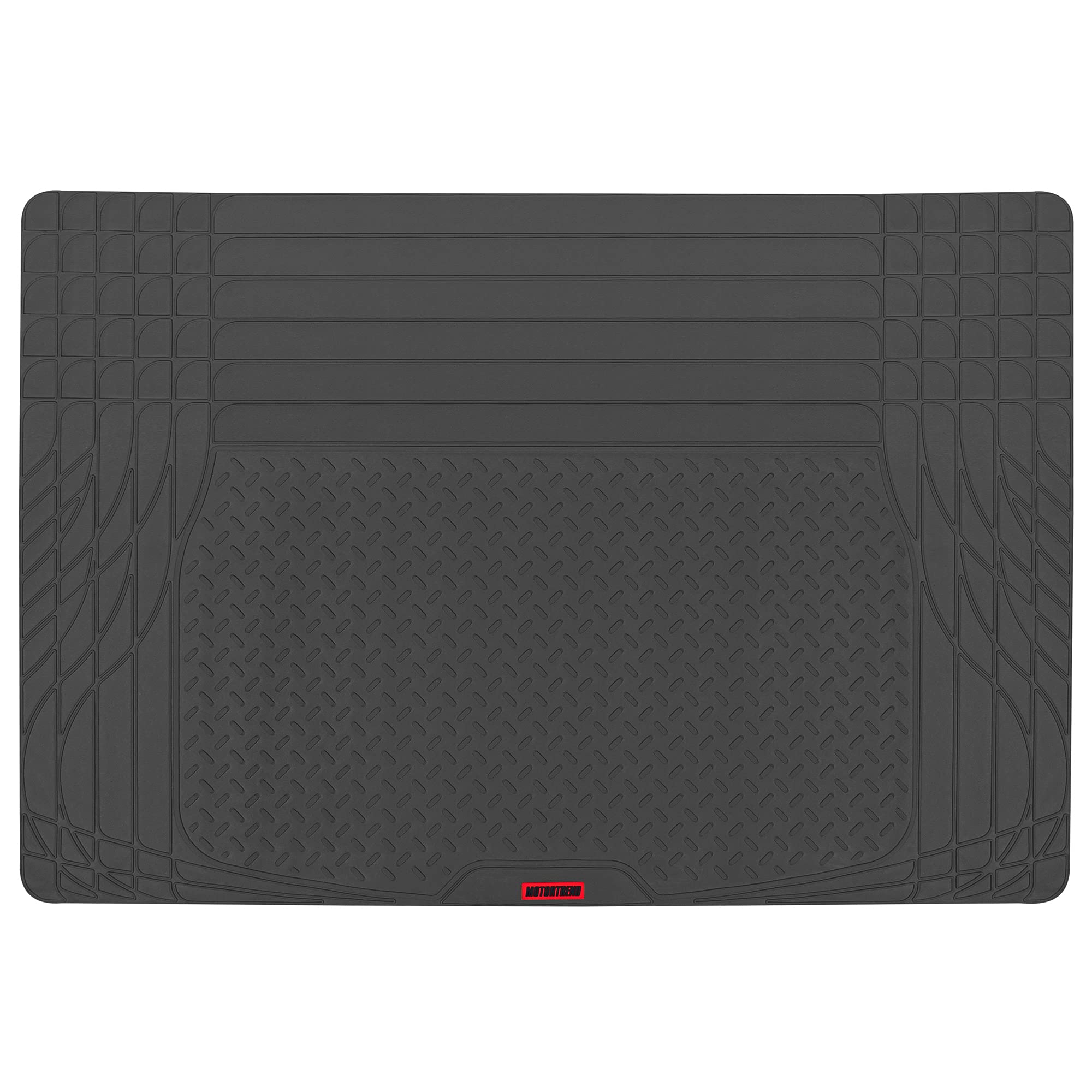 Motor Trend FlexTough black SUV cargo liner protects trunk from dirt and spills.