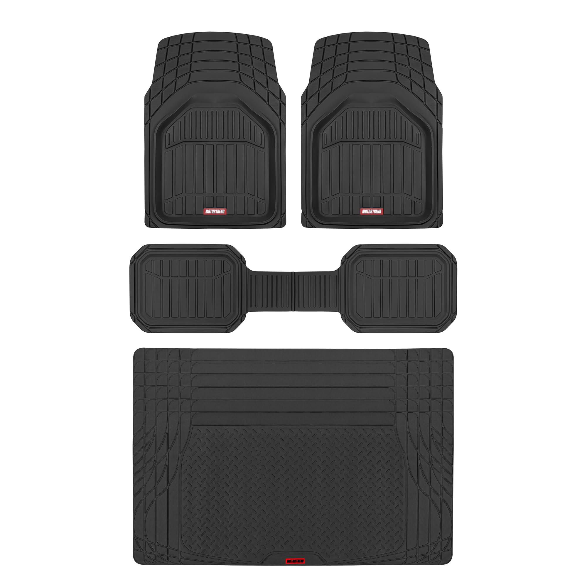 Motor Trend FlexTough Defender front mats show rugged rubber texture for all-weather protection.