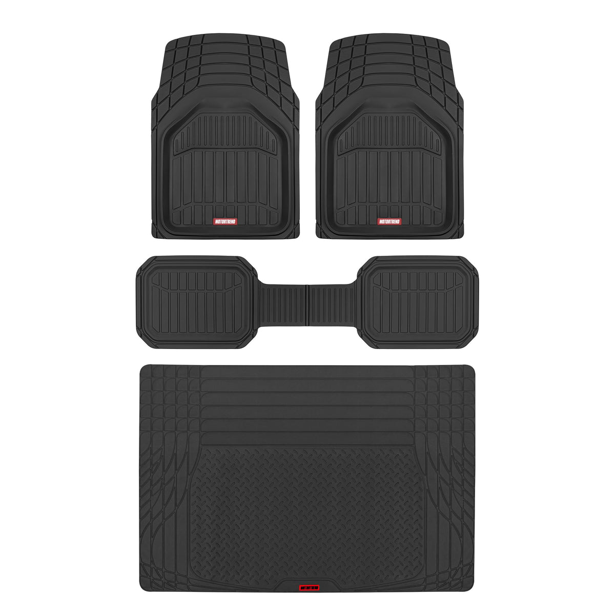 Motor Trend FlexTough Defender front mats show rugged rubber texture for all-weather protection.