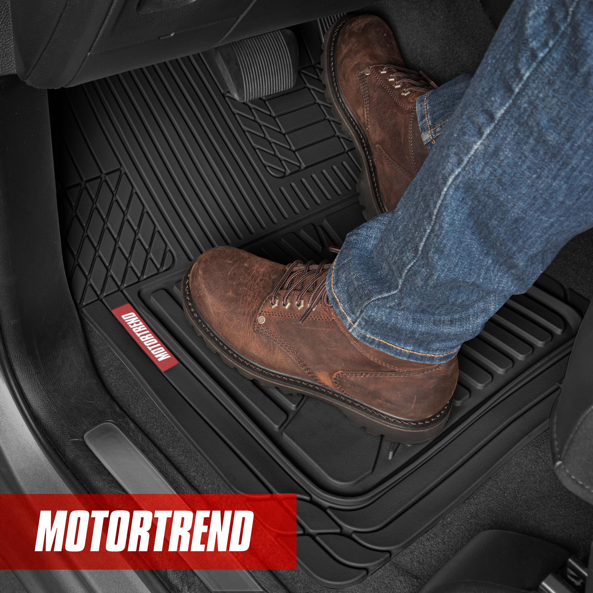 Motor Trend FlexTough universal-fit mats adapt to most vehicles for all-season use.