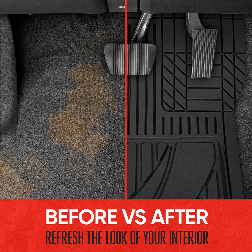 Motor Trend FlexTough waterproof rubber mats trap water and mud for a cleaner interior.