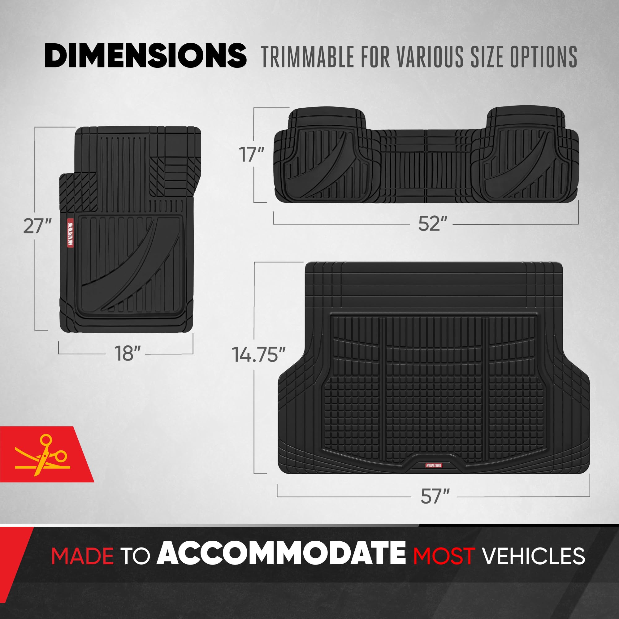Motor Trend FlexTough odorless rubber keeps cabin smell-free and comfortable.