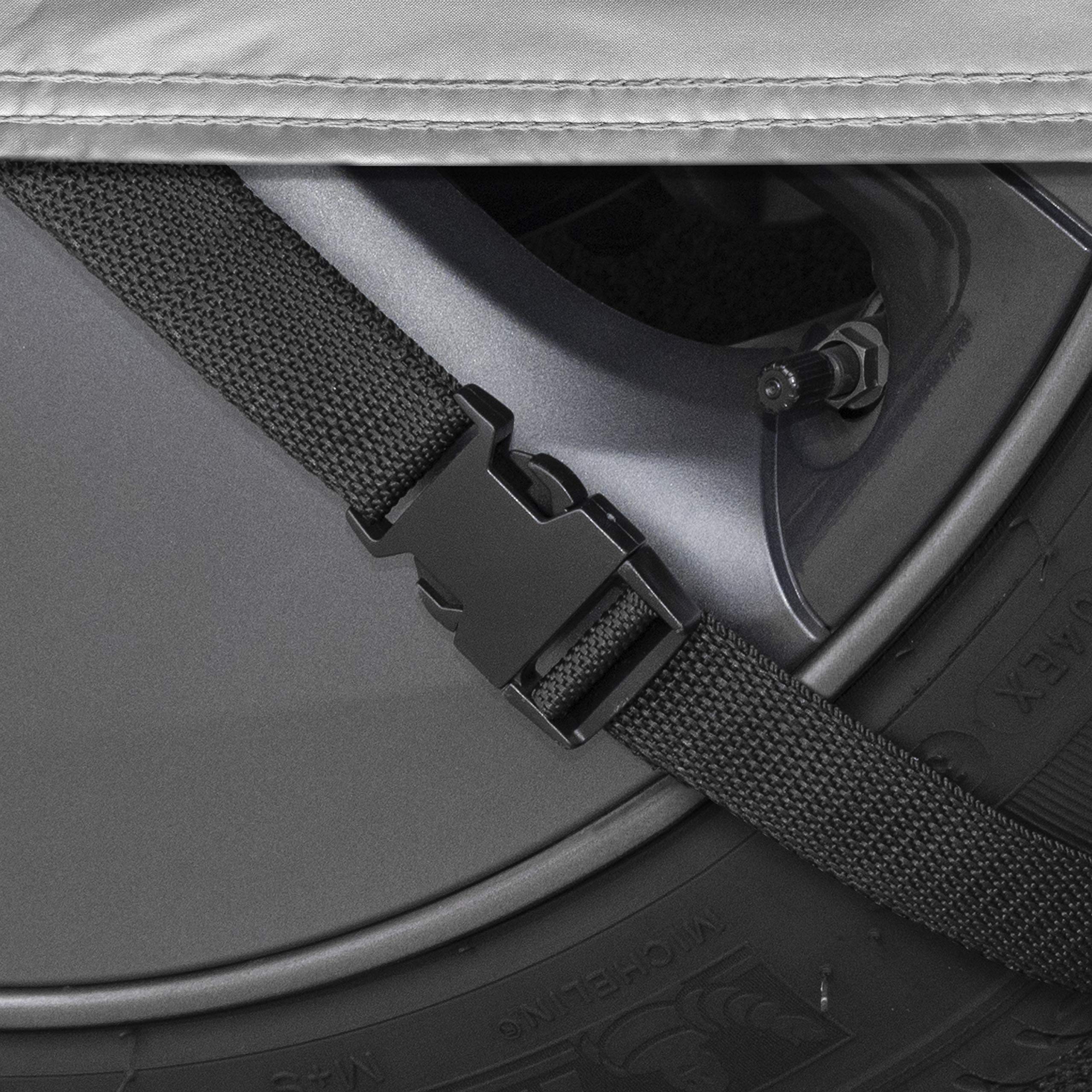 Motor Trend SafeKeeper elastic hem and straps secure against wind.