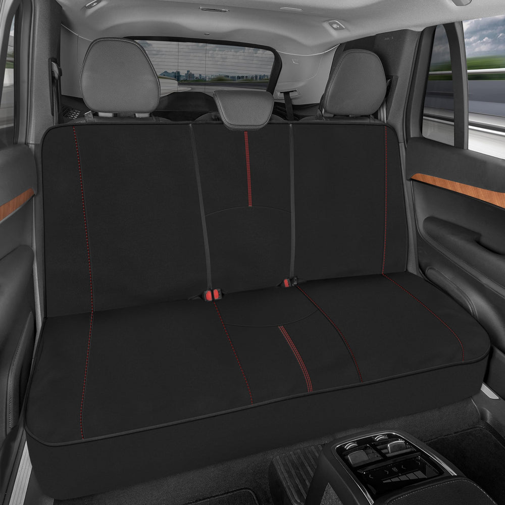 Motor Trend SpillGuard rear bench cover with red stitching protects seats from spills