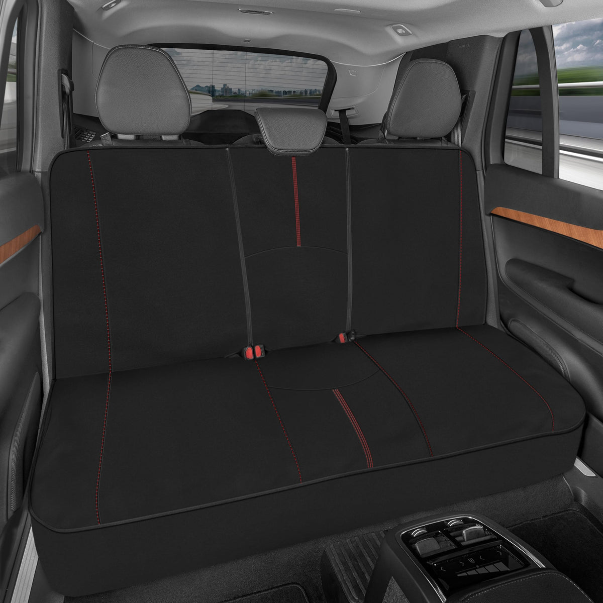 Motor Trend SpillGuard rear bench cover with red stitching protects seats from spills