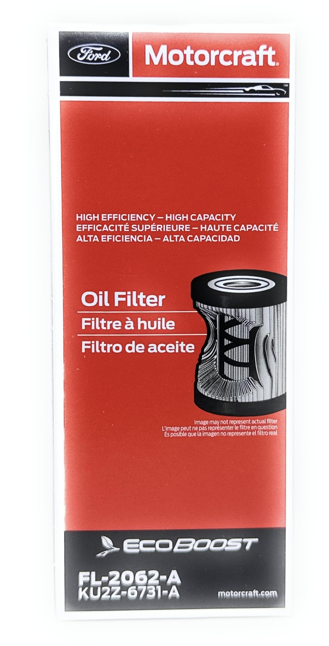 Motorcraft FL2062A oil filter, side view, reliable OEM replacement for Ford engines.